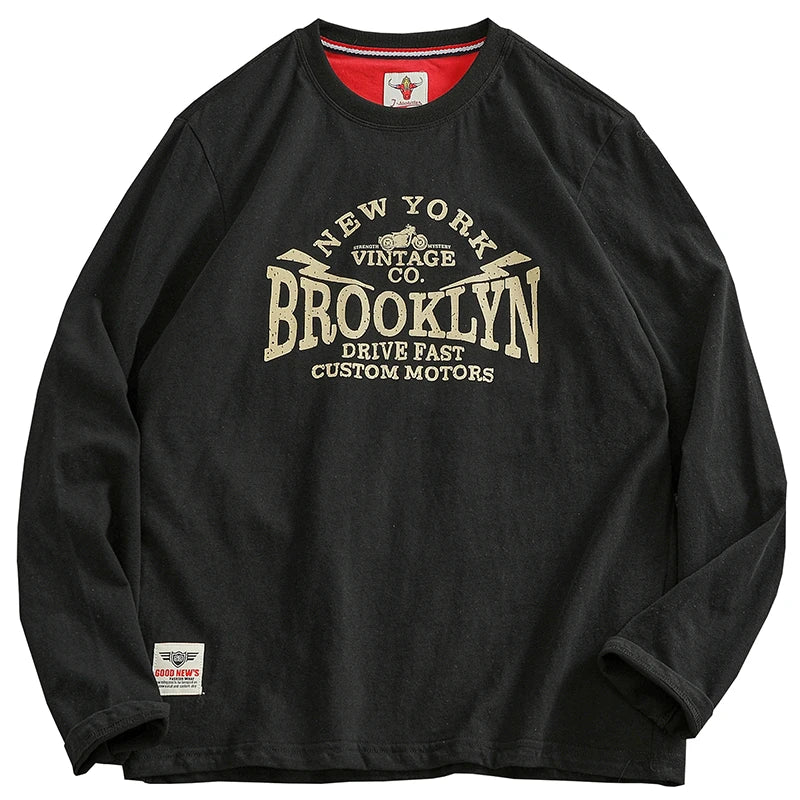 Autumn New American Retro Long-sleeved O-neck Letter Printed T-shirt Men's Fashion Simple 100% Cotton Washed Casual Sport Tops