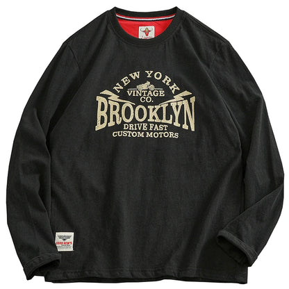 Autumn New American Retro Long-sleeved O-neck Letter Printed T-shirt Men's Fashion Simple 100% Cotton Washed Casual Sport Tops