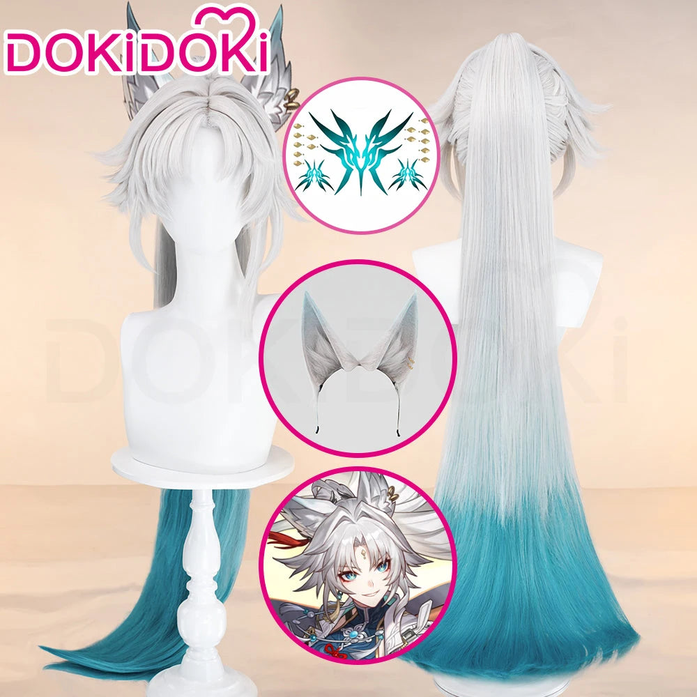 IN STOCK Feixiao Wig Game Honkai: Star Rail DokiDoki 100cm Long Gradient Deying Wig Ears Cosplay Tattoo Free Cap Halloween