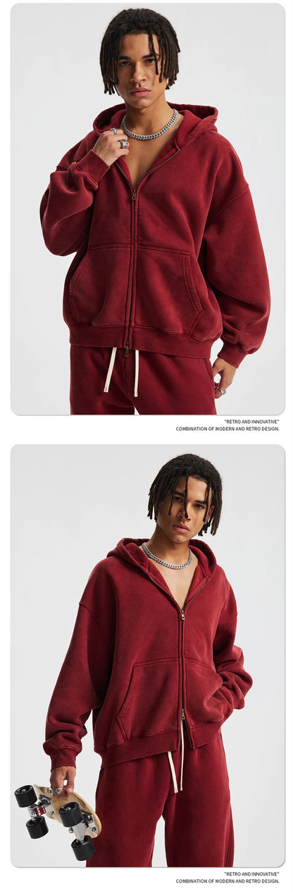 ZODF New 2025 Winter Man's Fleece Zipper Hoodies Unisex Retro 370gsm Loose Boxy Batik Washed Hooded Coats Sweatshirts HY1164