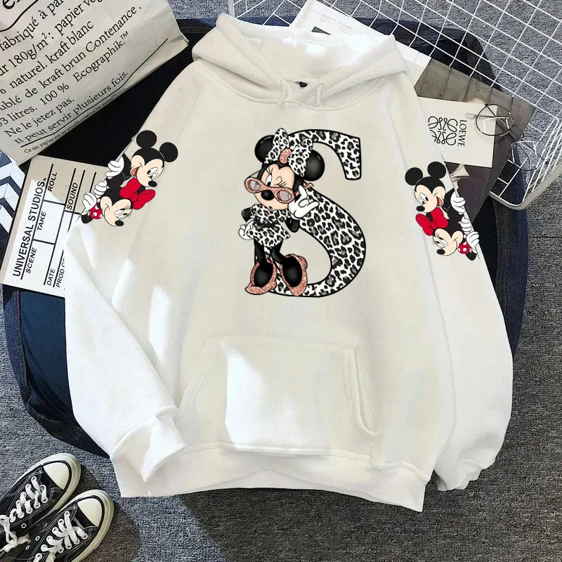 2024 Women's Winter Jacket Cute Kawaii Disney Mickey Mouse Lucky Letters Print White Hoodie Fashion Couple Streetwear Sportswear