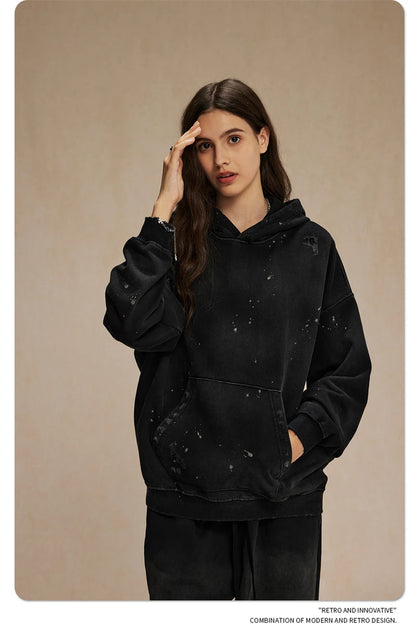 ZODF Autumn Winter Spray Dyeing Ink Splashing Hoodies For Men Unisex 450gsm Washed Oversized Knitted Hooded Pullovers HY0908