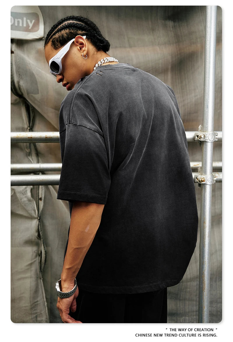 ZODF Summer High Street Printing T-Shirts For Men Unisex Retro Washed 250gsm Ripped Cotton T Shirt Brand Tops HY0858