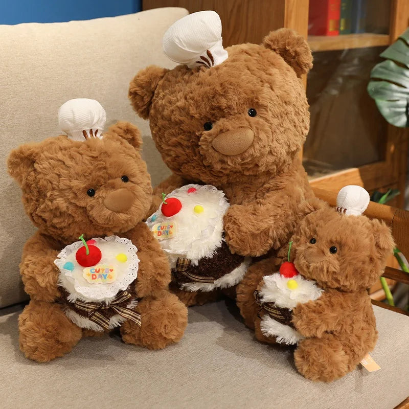 Chef Bear Plush Toy Cute Birthday Cake Bear Soft Stuffed Baby Doll Kids Sleep Pillow Sofa Adorable Cushion Birthday Xmas Gift