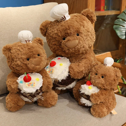 Chef Bear Plush Toy Cute Birthday Cake Bear Soft Stuffed Baby Doll Kids Sleep Pillow Sofa Adorable Cushion Birthday Xmas Gift