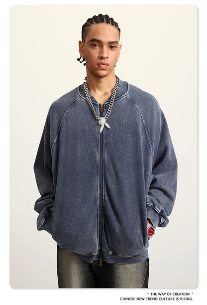 ZODF New Winter Washed Double Zipper Jackets For Men Unisex Loose Heavy Weight 450gsm Raglan Sleeve Cotton Coats HY0654