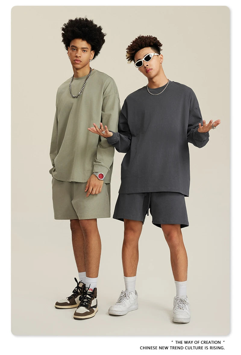 ZODF NEW Autumn Men's Solid Full Sleeve T Shirts Unisex Loose Oversized Casual 305GSM Cotton Basic T-Shirt Brand TEE HY0209