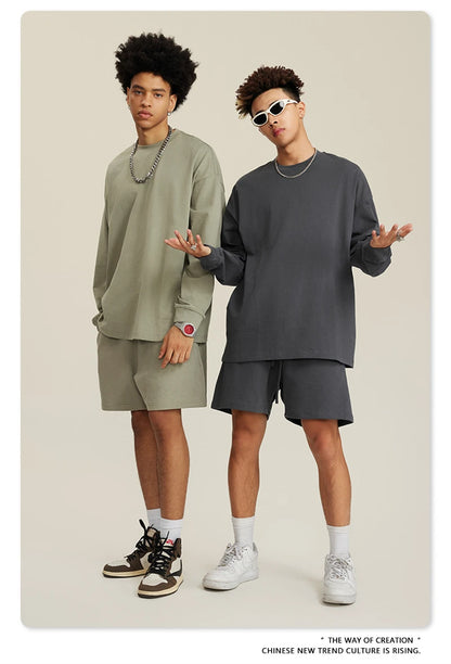 ZODF NEW Autumn Men's Solid Full Sleeve T Shirts Unisex Loose Oversized Casual 305GSM Cotton Basic T-Shirt Brand TEE HY0209