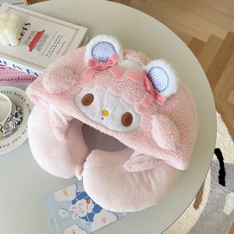 Lovely My Melody U-shaped Hooded Pillow Kawaii Japanese Style Blackout Travel Pillow Office Cartoon Nap Pillow Pink Girl