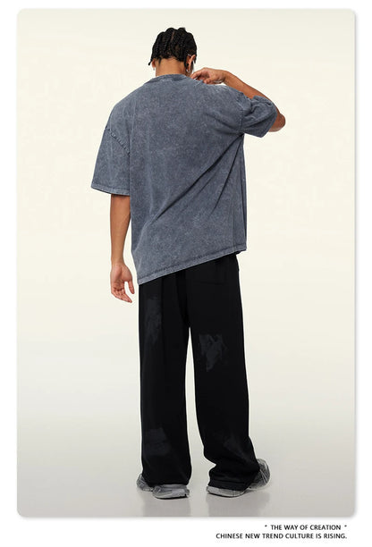 ZODF New Summer Men Washed Batik Cotton T Shirts Unisex American Retro High Street 270gsm Short Sleeve Tees Streetwear HY0489