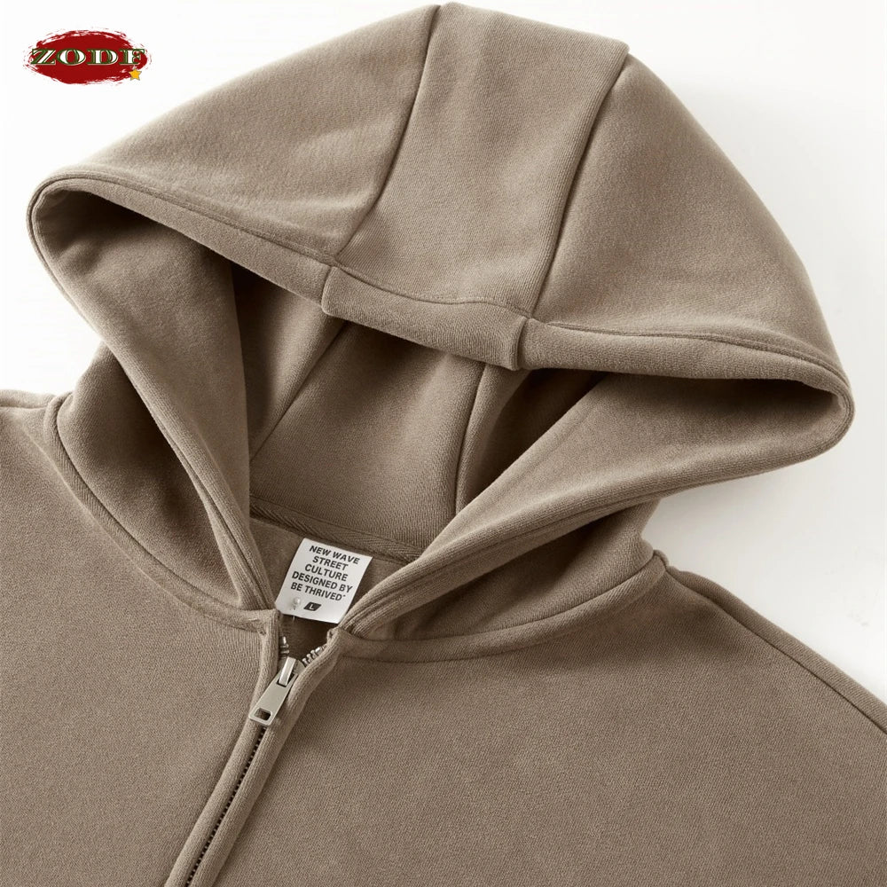 ZODF New Winter Men Zipper Fleece Hoodies Unisex Loose Heavy Weight Thick Warm Basic 420gsm Hooded Coats Hoodie HY0747