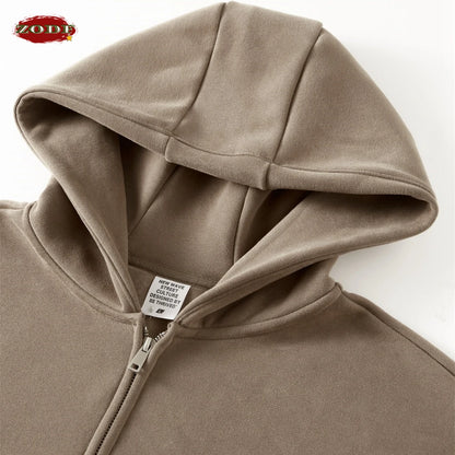ZODF New Winter Men Zipper Fleece Hoodies Unisex Loose Heavy Weight Thick Warm Basic 420gsm Hooded Coats Hoodie HY0747