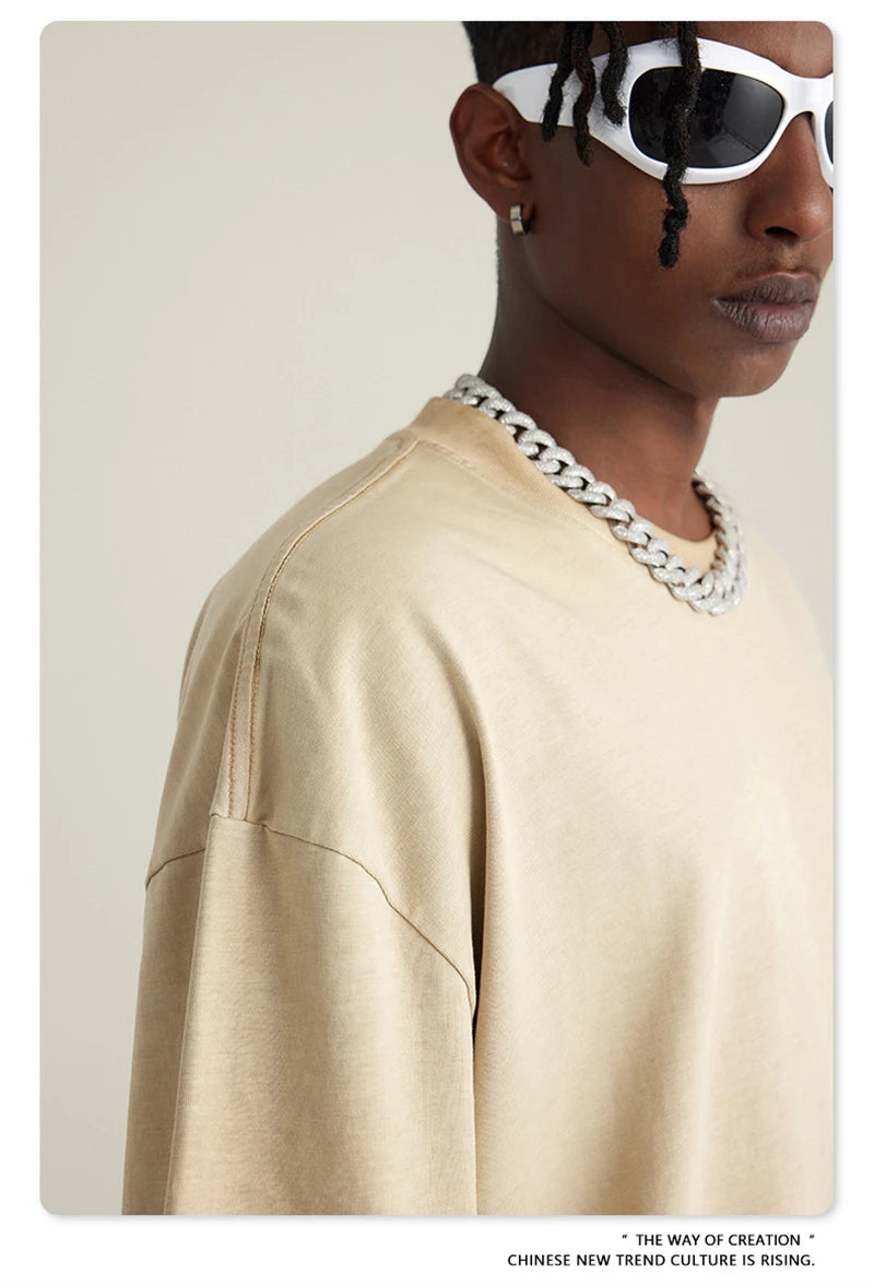 ZODF 2023 Men's Summer 255G Wash Gradient Fried Cotton T Shirt Round Neck Short Sleeve American Retro Loose T-Shirt HY0547