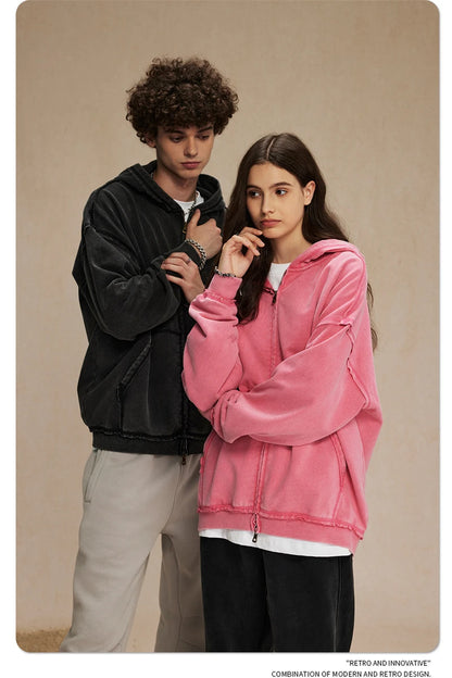 ZODF Retro Men's Heavyweight 450gsm Zipper Hoodies Unisex Loose Distressed Washed Batik Knitted Hooded Coat Jacket HY0889