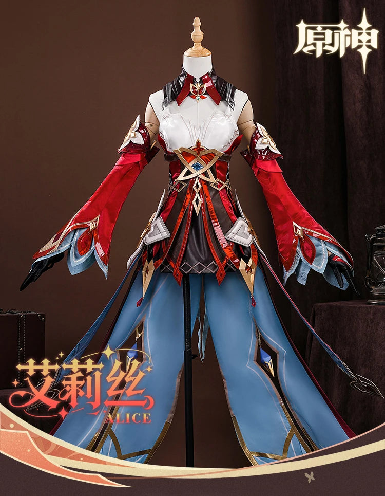 Genshin Impact Alice Cosplay Costume Wig Dress Headwear Ring Game Uniform Halloween Party for Women Girls Role Play Outfit Props