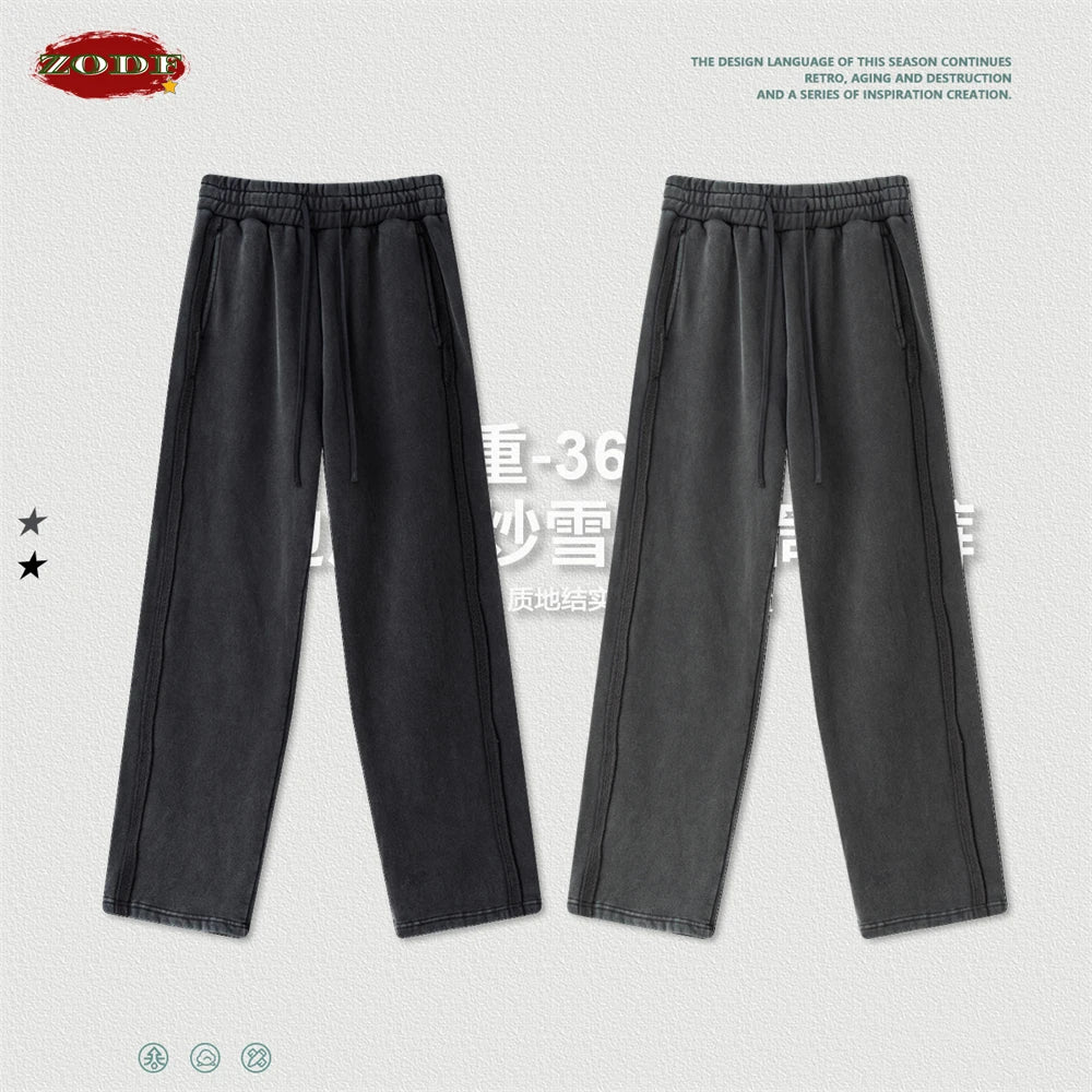 ZODF Vintage Man Winter Washed Fleece Straight Pants Unisex Distressed 360gsm Knitted Warm Trousers Brand Bottoms HY1092