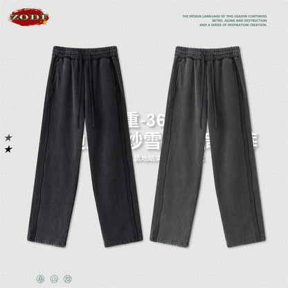 ZODF Vintage Man Winter Washed Fleece Straight Pants Unisex Distressed 360gsm Knitted Warm Trousers Brand Bottoms HY1092