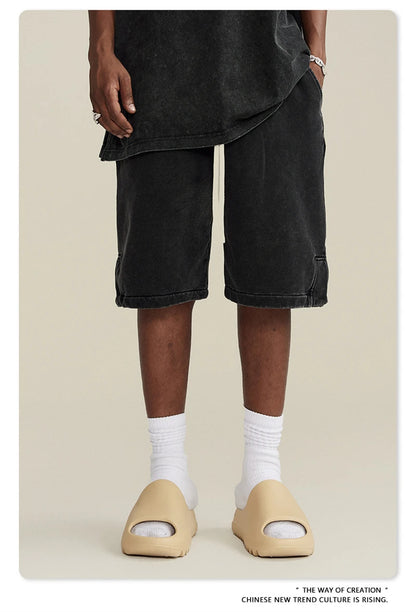 ZODF 2024 Summer Men 350gsm Washed Cotton Shorts Unisex Retro High Street Loose Side Slit Short Pants Streetwears HY0839