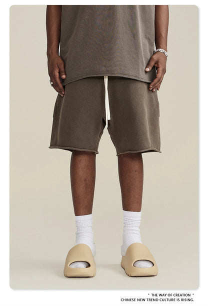 ZODF New Summer Men Retro Washed Shorts Unisex Drawstring Loose Edge 420gsm Solid Knee Length Cotton Pants Streetwears HY0589