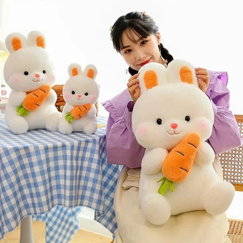 25-50cm Adorable Fuzzy Bunny Hold Carrot Plush Toy Stuffed White Rabbit with Foods on Hand Kids Hug Cuddly Plushie for Children