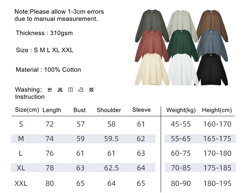 ZODF Retro Autumn Full Sleeve Washed 100% Cotton T-Shirts For Men Unisex Solid Casual Loose 310gsm Tee Brand Tops HY0405