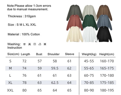 ZODF Retro Autumn Full Sleeve Washed 100% Cotton T-Shirts For Men Unisex Solid Casual Loose 310gsm Tee Brand Tops HY0405