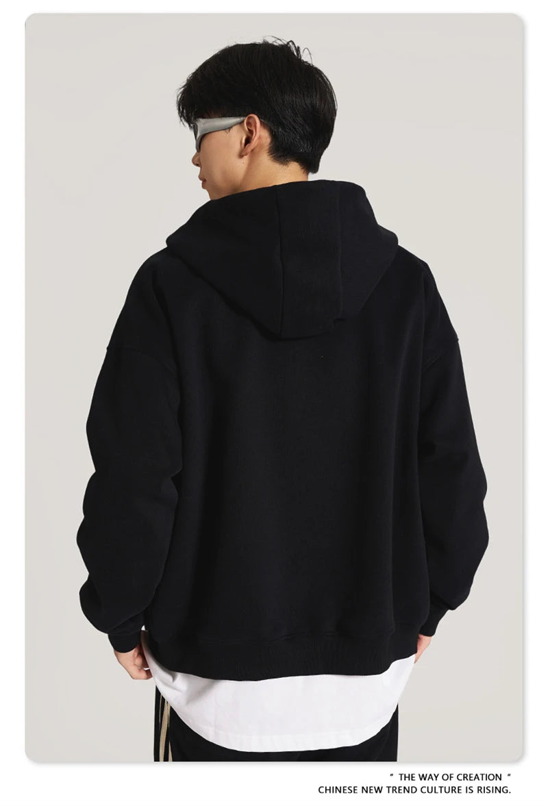 ZODF New Winter Men Zipper Fleece Hoodies Unisex Loose Heavy Weight Thick Warm Basic 420gsm Hooded Coats Hoodie HY0747