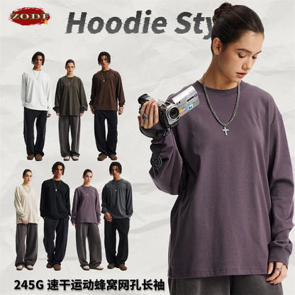 ZODF Trendy Autumn Full Sleeve 245gsm T-Shirts For Men Unisex Loose Solid Quick Dry Antibacterial T Shirt Brand Tees HY1162