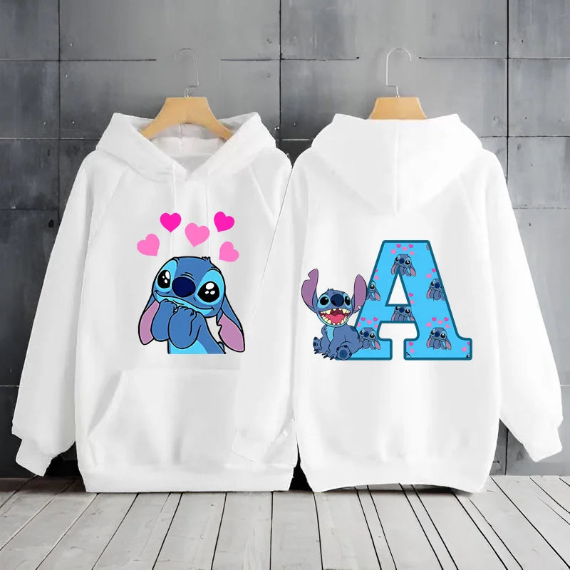 2025 Women's Winter Jacket Cute Kawaii Disney Lilo & Stitch Lucky Letter Print White Hoodie Fashion Couple Streetwear Sportswear