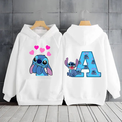 2025 Women's Winter Jacket Cute Kawaii Disney Lilo & Stitch Lucky Letter Print White Hoodie Fashion Couple Streetwear Sportswear