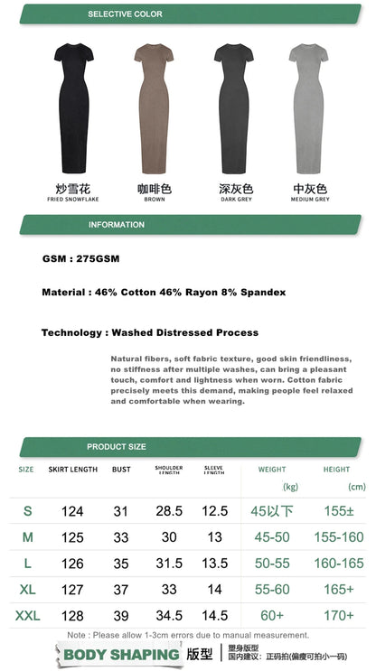 ZODF Sexy 2025 Spring Women 275gsm Long Dress Female Girls O Neck Washed Distressed Slim Slit Fit Dresses HY1008