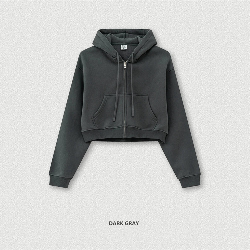 ZODF 2024 Winter Women Zipper Crop Hoodies Female Girls Solid 345gsm Warm Fleece Short Hooded Zip-Up Coat HY0911