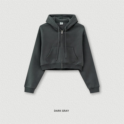 ZODF 2024 Winter Women Zipper Crop Hoodies Female Girls Solid 345gsm Warm Fleece Short Hooded Zip-Up Coat HY0911