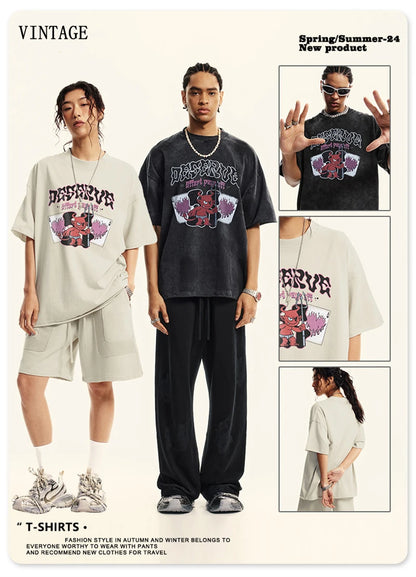 ZODF America Retro Summer 100% Cotton T-Shirts For Men Unisex Washed 310gsm Comfortable High Street Printing T Shirt Tops HY0862