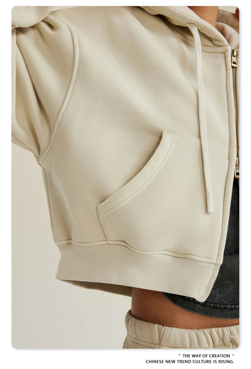 ZODF Retro 2025 Winter Women Short Zipper Hoodies Female Girls Loose 355gsm Thick Fleece Hooded Zip-up Coat Streetwears HY0448