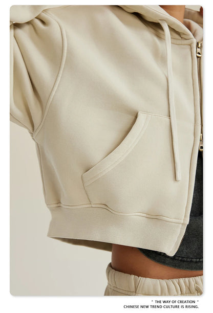 ZODF Retro 2025 Winter Women Short Zipper Hoodies Female Girls Loose 355gsm Thick Fleece Hooded Zip-up Coat Streetwears HY0448