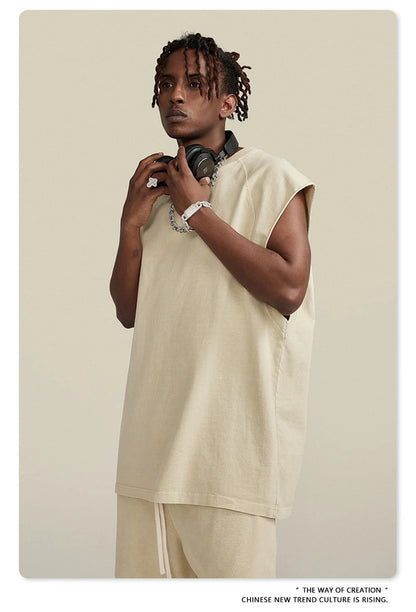 ZODF American Retro Men Washed Solid Tank Tops Women Unisex Loose Edge 275gsm Cotton Sleeveless Tees Brand Streetwears HY0503