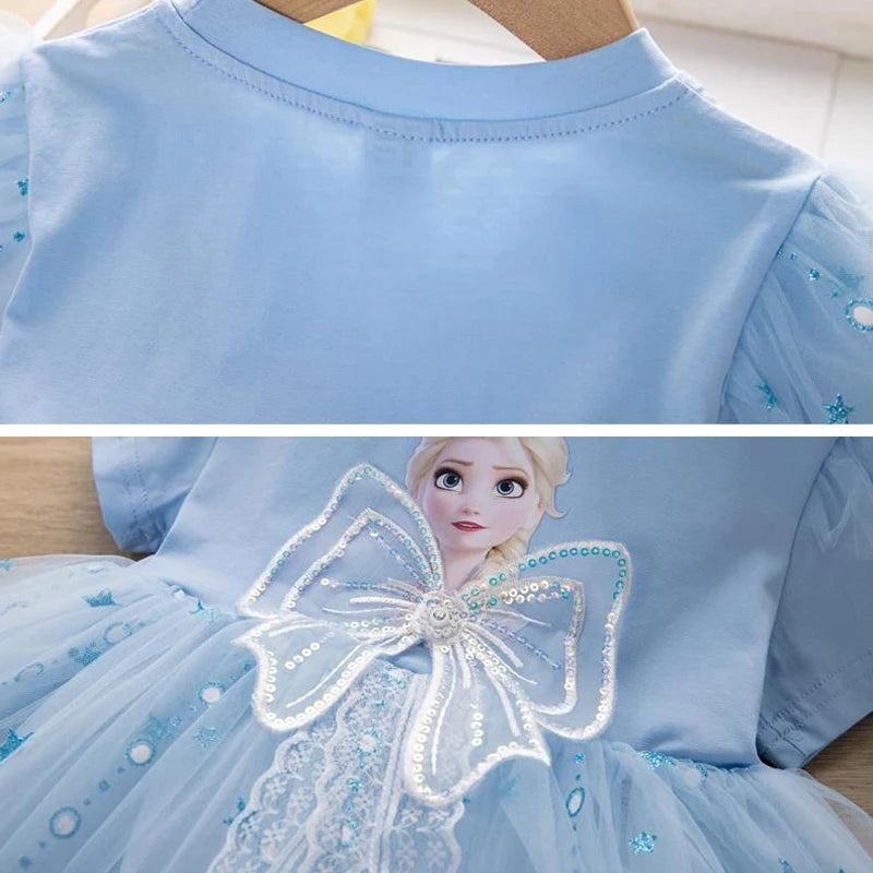 MINISO Girls Dress Blue Toddler Girl Mesh Lace Dress Summer Infant Fuffy Tulle Tutu Frozen Princess Dress 2 to 3 4 5 6 7 8Years