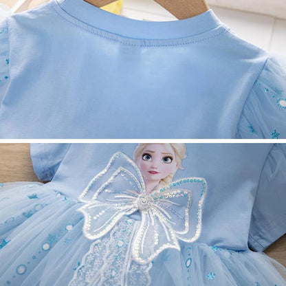 MINISO Girls Dress Blue Toddler Girl Mesh Lace Dress Summer Infant Fuffy Tulle Tutu Frozen Princess Dress 2 to 3 4 5 6 7 8Years
