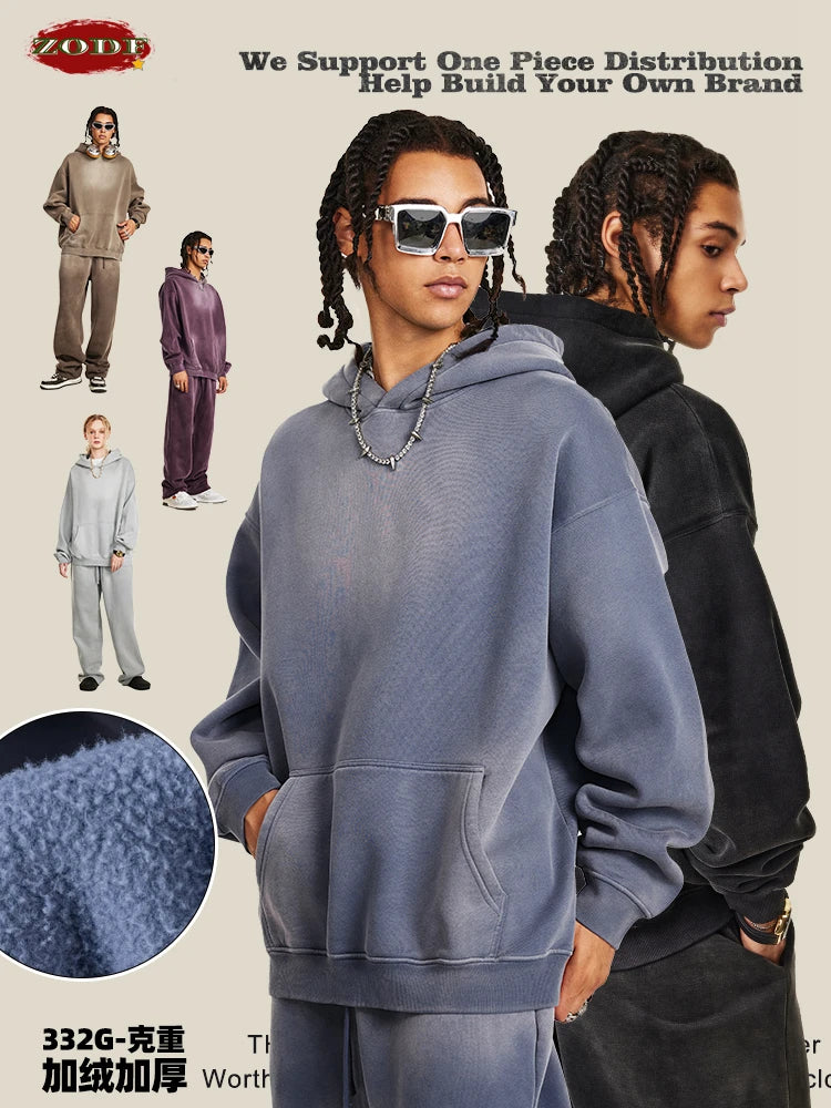 ZODF Autumn Winter Monkey Washed Fleece Hoodies For Men Unisex Basic 360gsm Warm Knitted Hooded Pullovers Coats HY0903