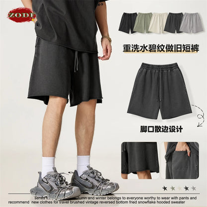 ZODF Retro Summer Washed 370gsm Cotton Shorts For Men Unisex High Street Loose Edge Distressed Solid Shorts Brand Clothes HY1023