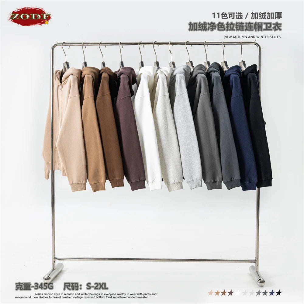 ZODF Fashion Winter Men Warm Zipper Fleece Hoodies Unisex Loose Basic 345gsm Knitted Hooded Hoodie Coats HY0904