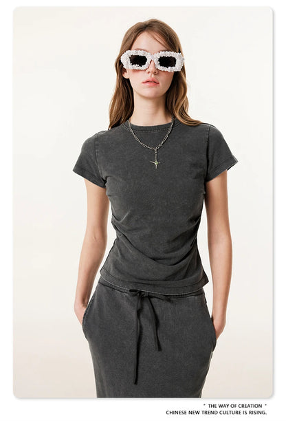 ZODF Retro 2025 Summer Women 285gsm T-Shirts Hotsweet Girls Sexy Slim Fit Washed Distressed T Shirt Brand Tees HY1013