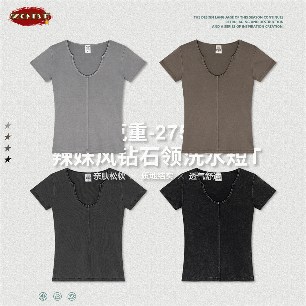 ZODF Women Retro 2025 Summer 275gsm U Collar Washed T-Shirts Hotsweet Girls Sexy Slim Fit T Shirt Brand Tees HY0992