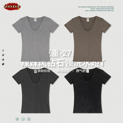 ZODF Women Retro 2025 Summer 275gsm U Collar Washed T-Shirts Hotsweet Girls Sexy Slim Fit T Shirt Brand Tees HY0992