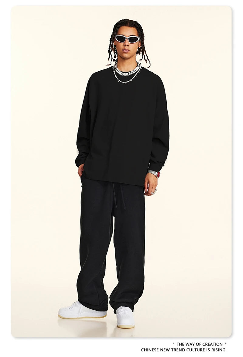 ZODF New 2024 Autumn 225gsm Loose Solid T-Shirt For Men Retro Unisex Antibacterial Full Sleeve T Shirts Brand Tops HY0871