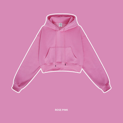 ZODF Chic Sexy Women Super-short Fleece Cropped Hoodies Girl Female Hip Hop Loose 345gsm Solid Hooded Pullover Streetwear HY0340