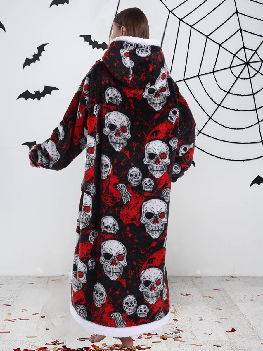 Short/Long Hoodie Blanket for Adults Winter Soft Thicken Warm Wearable Blanket Hoodie with Sleeves Halloween Pajamas for Couples