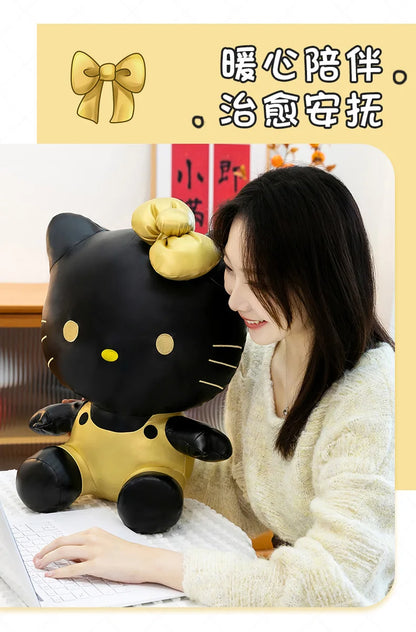 Cute Hello Kitty Plush Toy Black Gold Leather Cute Stuffed Animal Doll Kids Birthday Xmas Gift for Girls Plushie Pillow Present