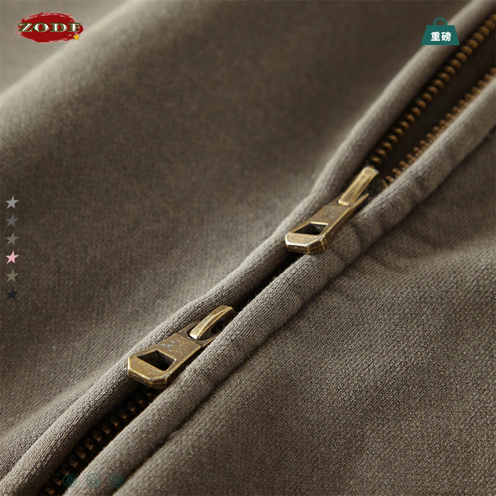 ZODF Retro Winter Men Washed Fleece Zipper Jackets Unisex Loose Oversized 400gsm Raglan Sleeve Coats Streetwears HY0649